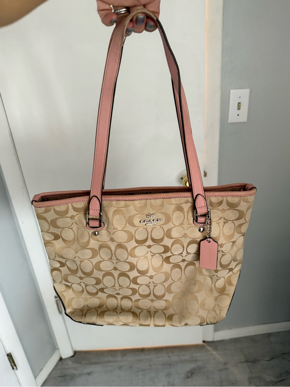 Coach Beige Tote with Pink Trim